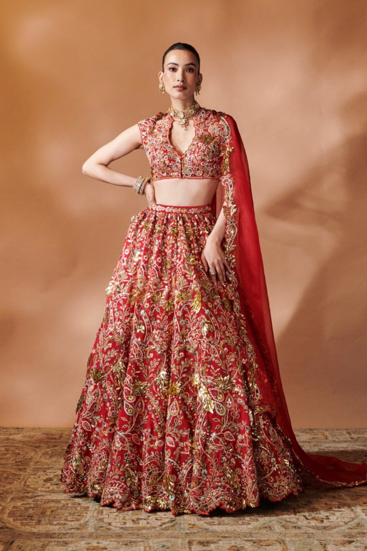 Red Heavily Embroidered Lehenga Set