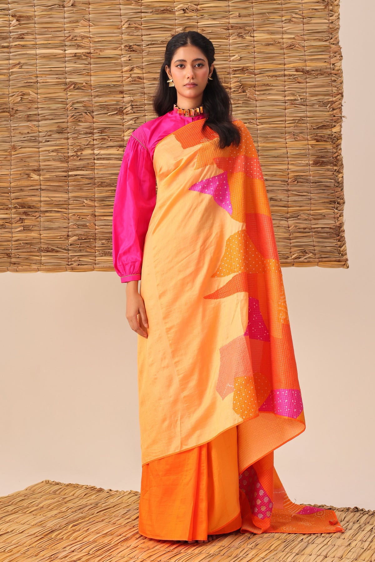 Orange Bandhani Patchwork Saree set
