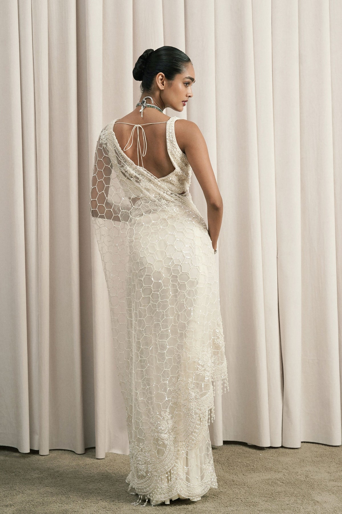 Ivory Scalloped Sequin Saree Set