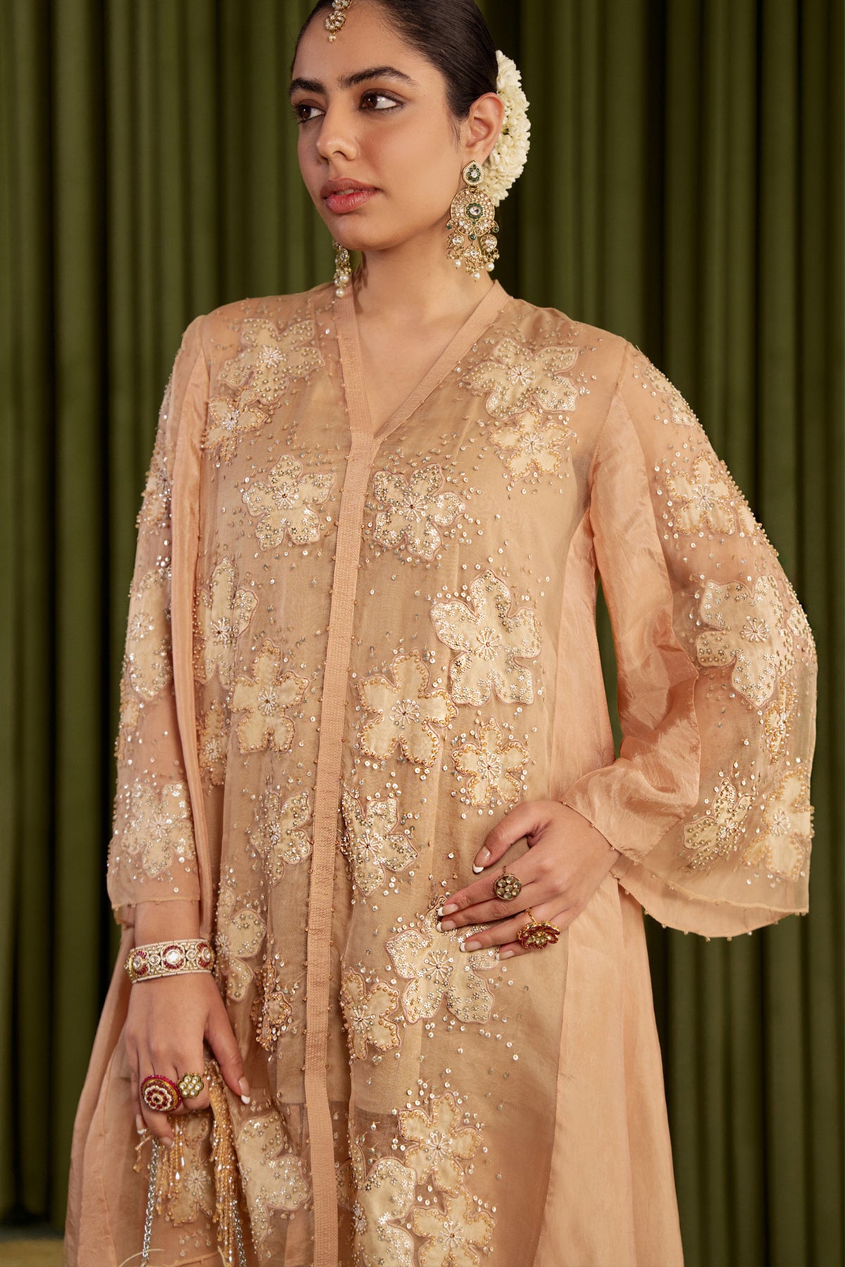 Golden Beige Floral Kurta Set