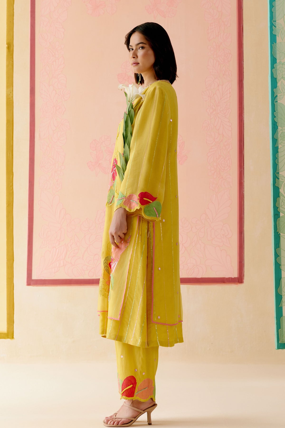 Mustard Floral Applique Kurta Set
