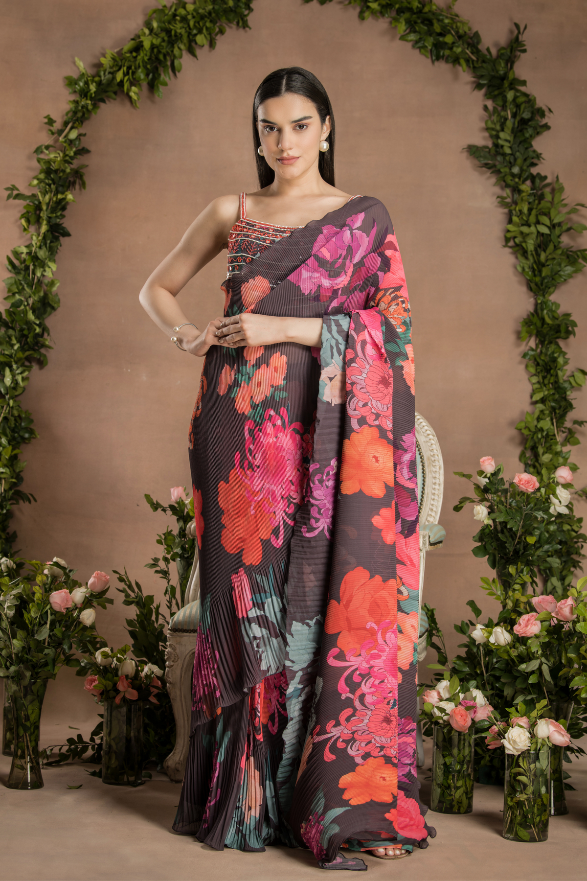 Pre Draped Digital Print Saree