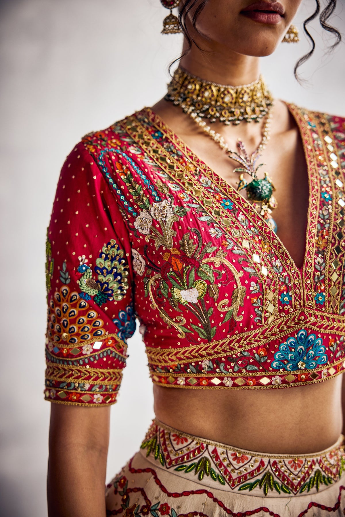 Ivory and Red Lehenga Set