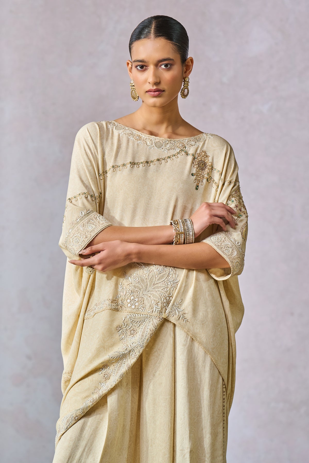 Ecru Asymmetric Kimono Style Top With Dhoti
