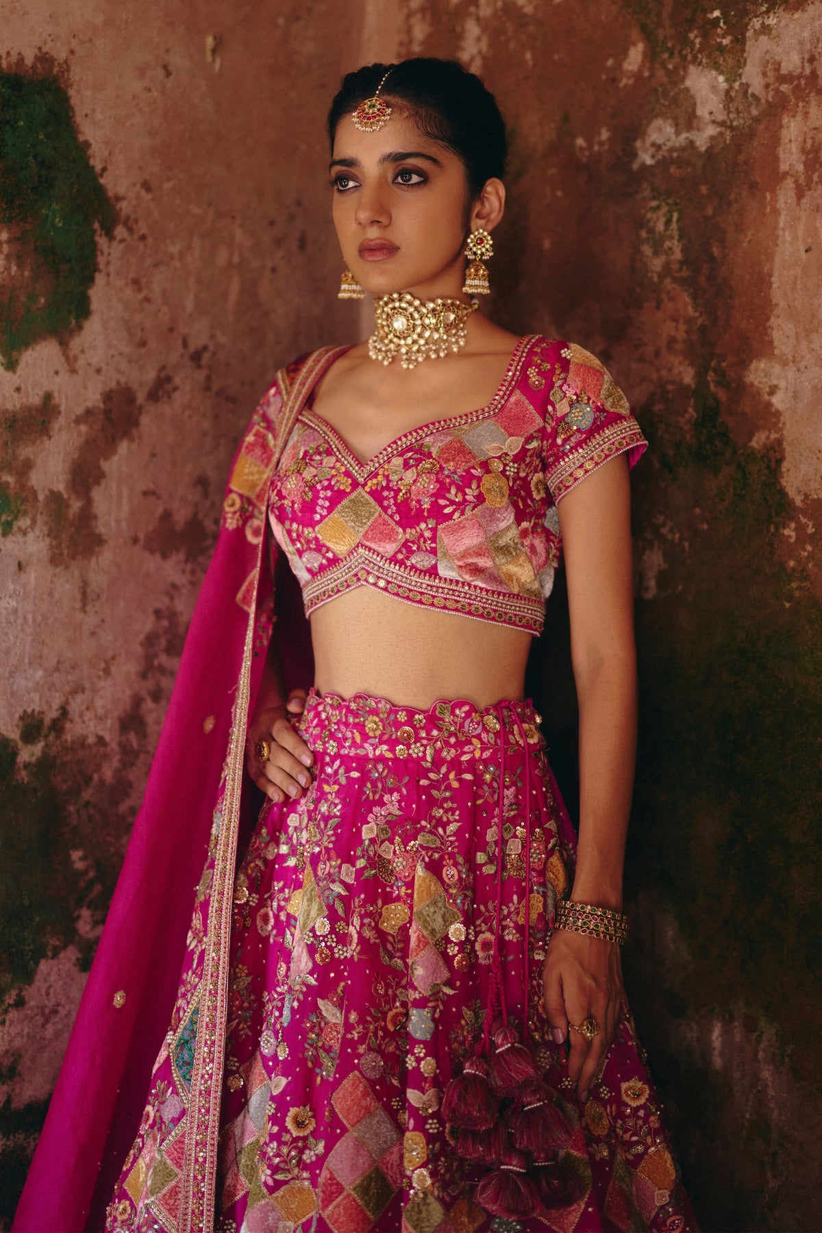 Fuchsia Pink Square Patch Lehenga Set