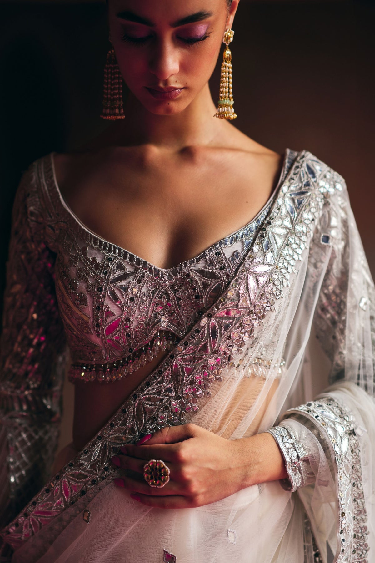 White Net Saree Set