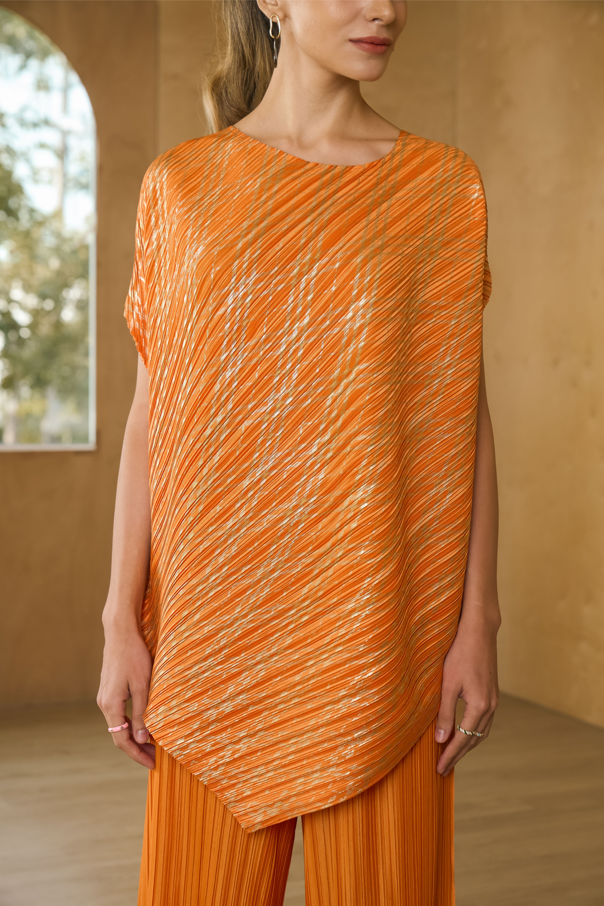 Orange Metallic Kurti Drape Set