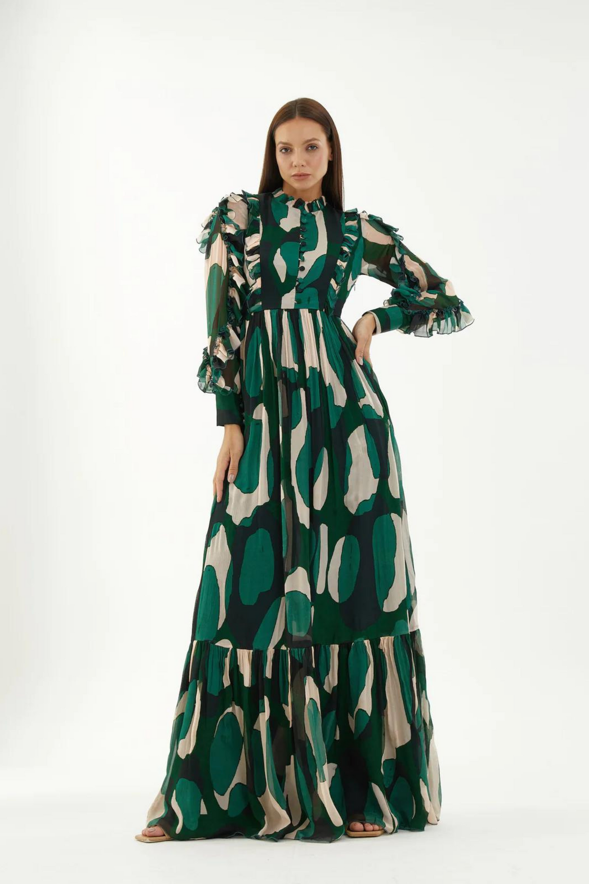 Green, Black And Off-white Abstract Frill Long Dress