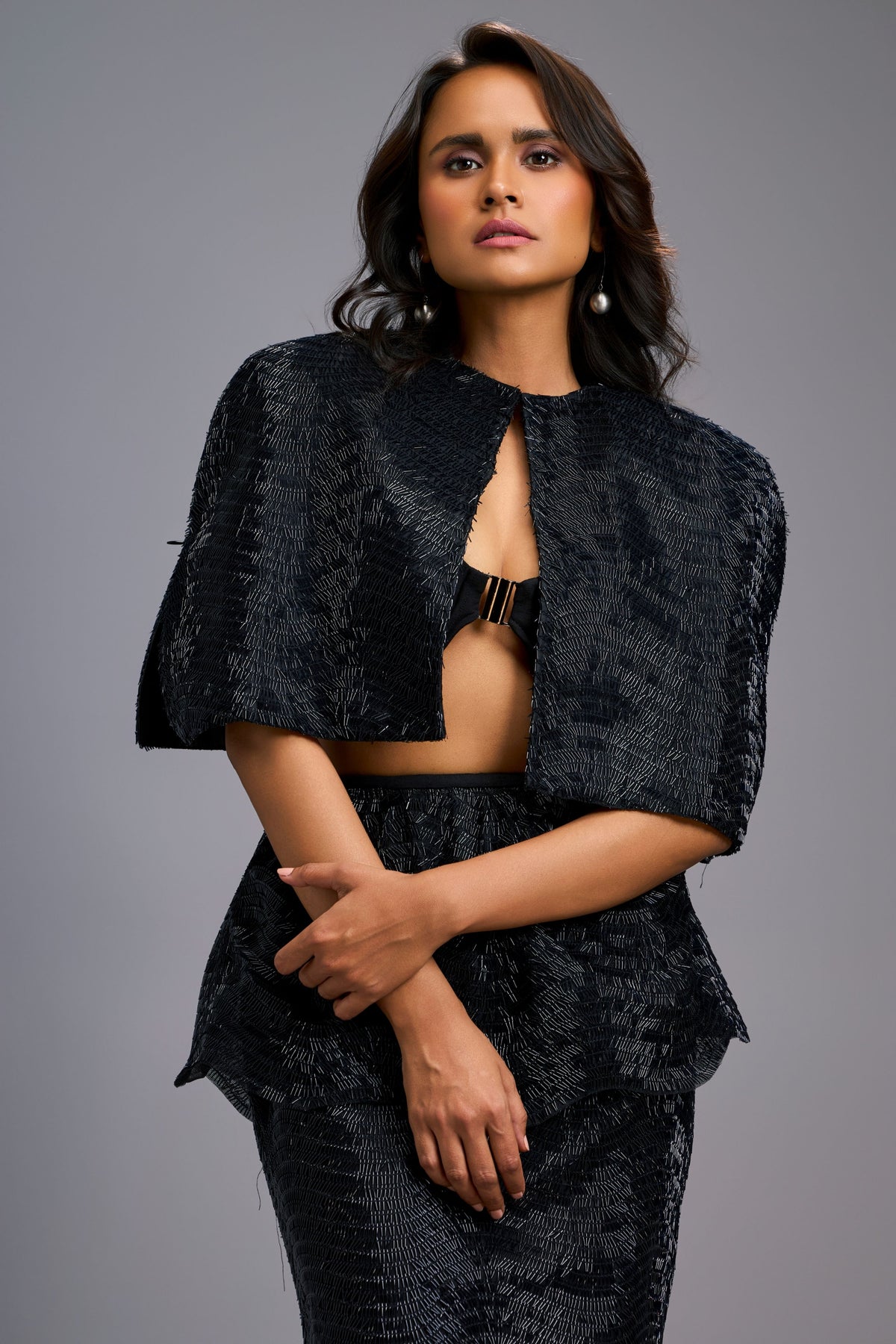 Shimmer Embroidered Black Midi Skirt