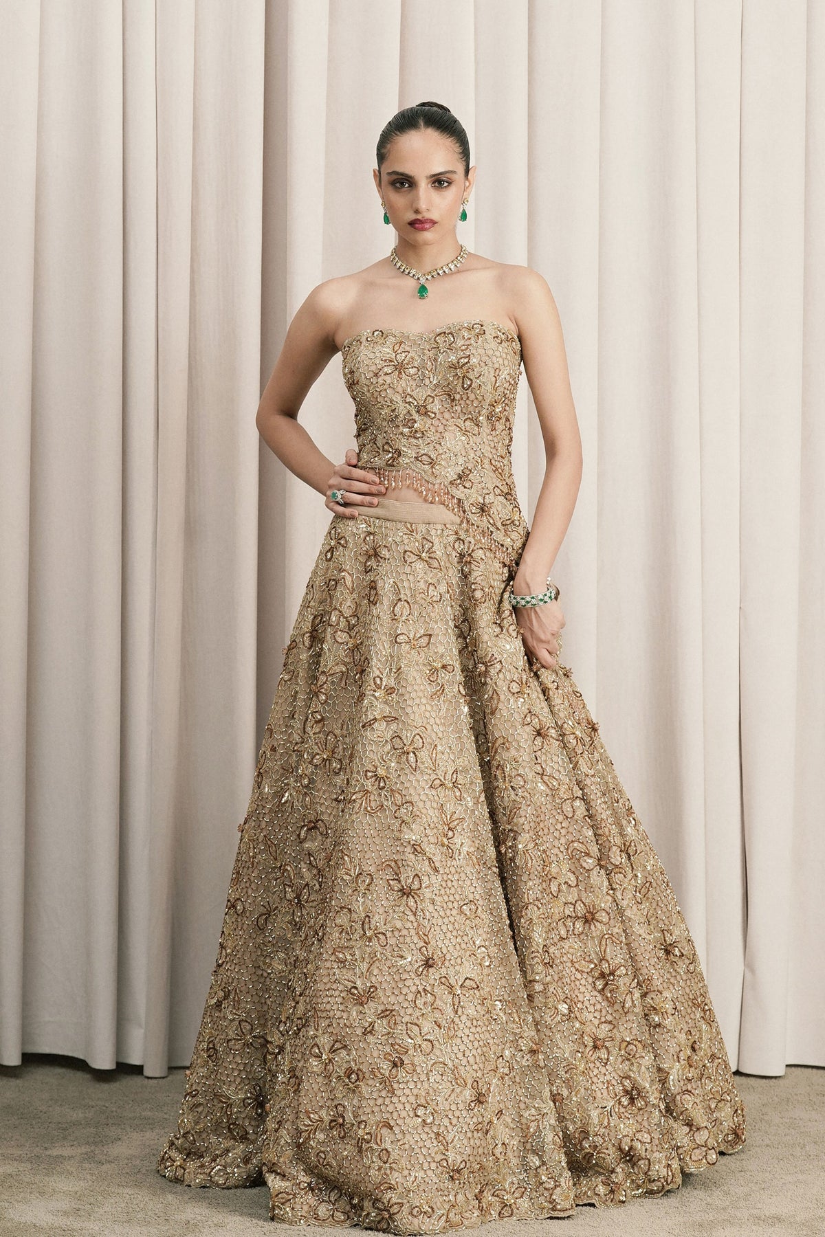 Beige Chantilly Lace Lehenga Set