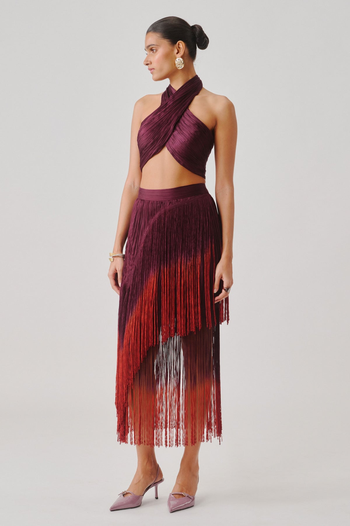 Burnt Wine Fringe Skirt