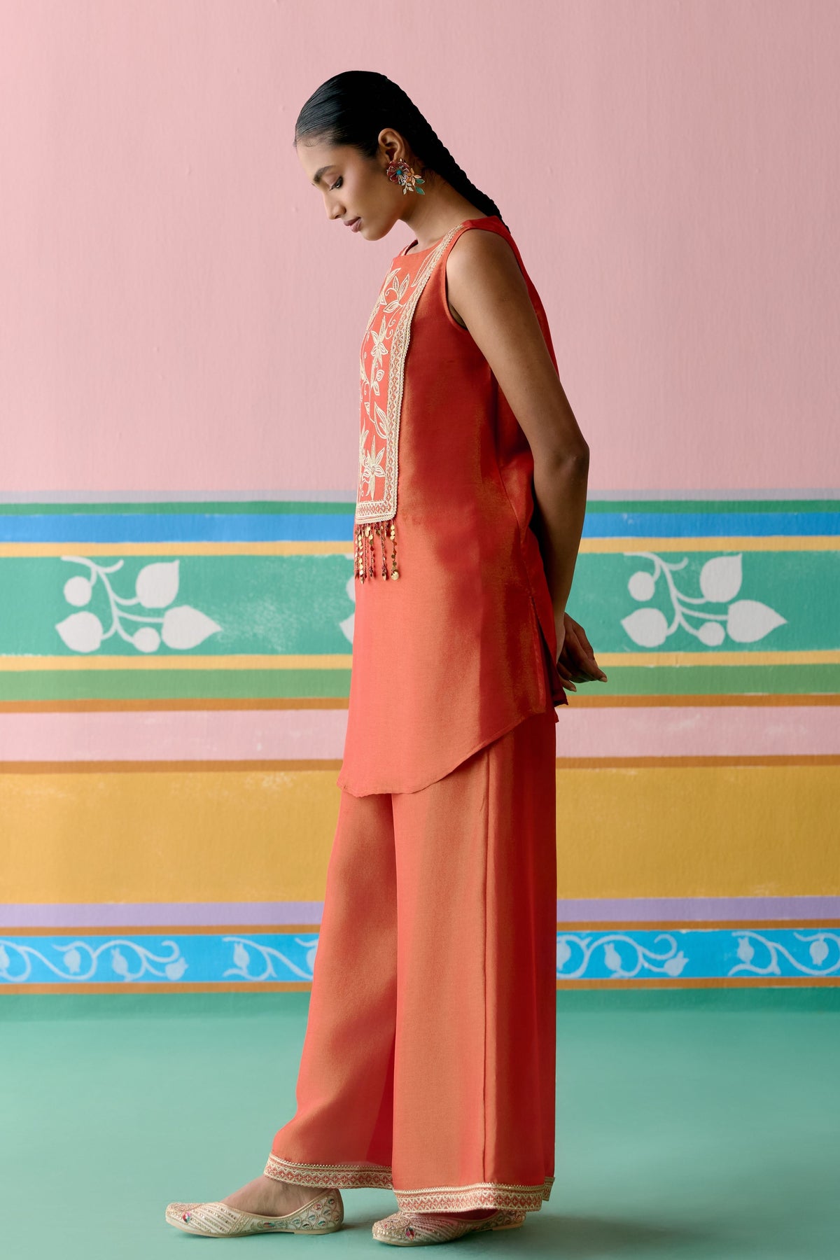 Rust Embroidered Sleeveless Tunic Set