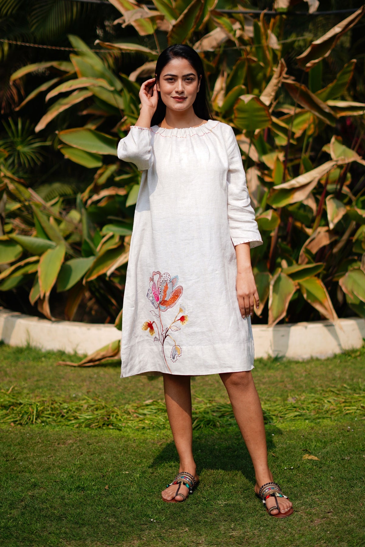 Beige Dress With Gathered Neck