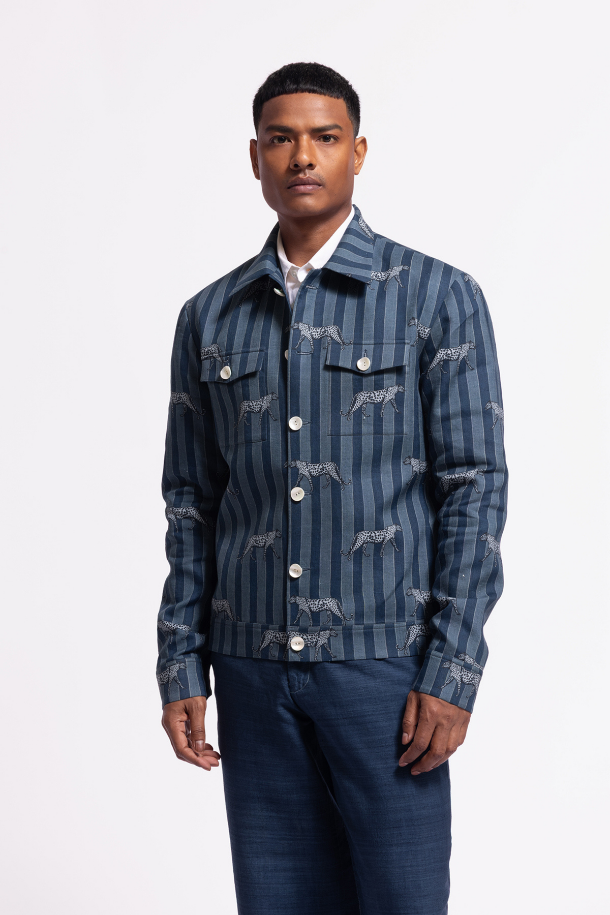 Striped and Printed Blue Linen Jacket