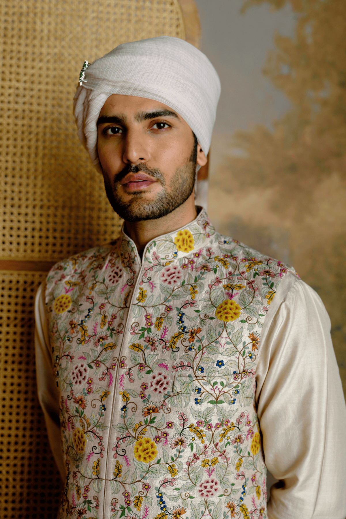 Beige Thread Work Bandi Set