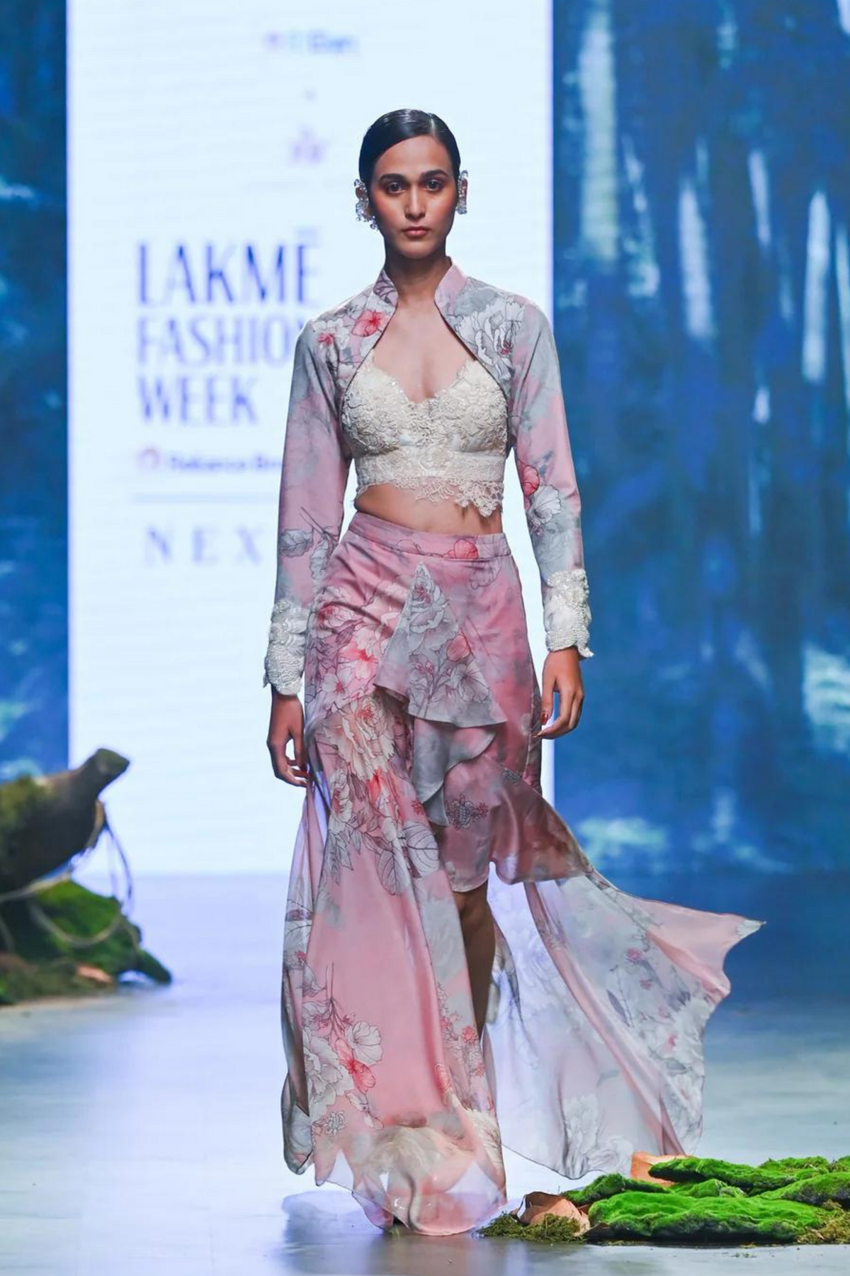Pink Printed Skirt Set With Bolero