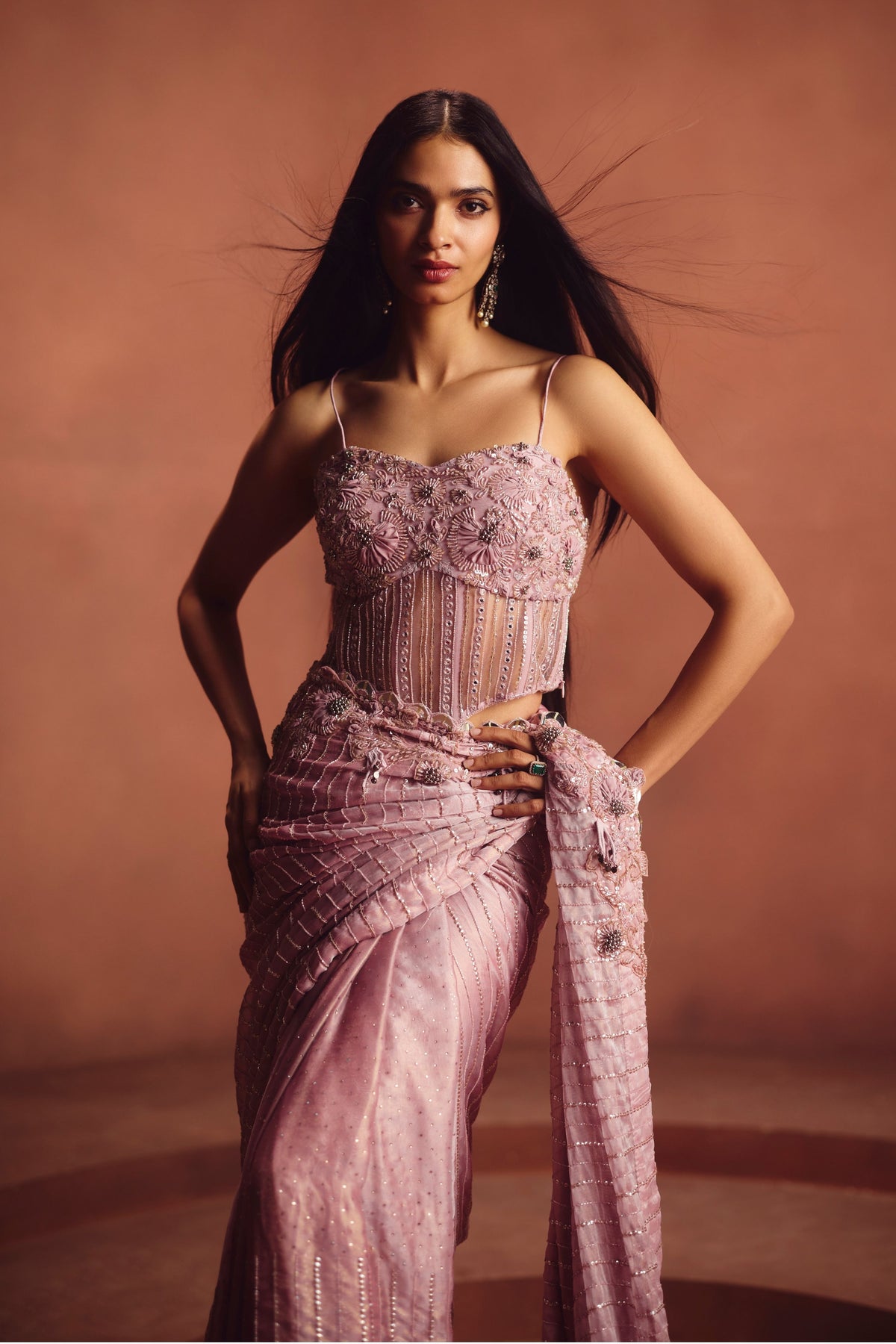 Mauve Embellished Saree Set