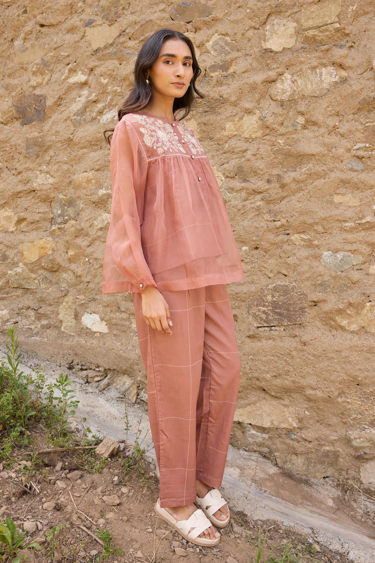 Sheer Brown Organza Yoke Top