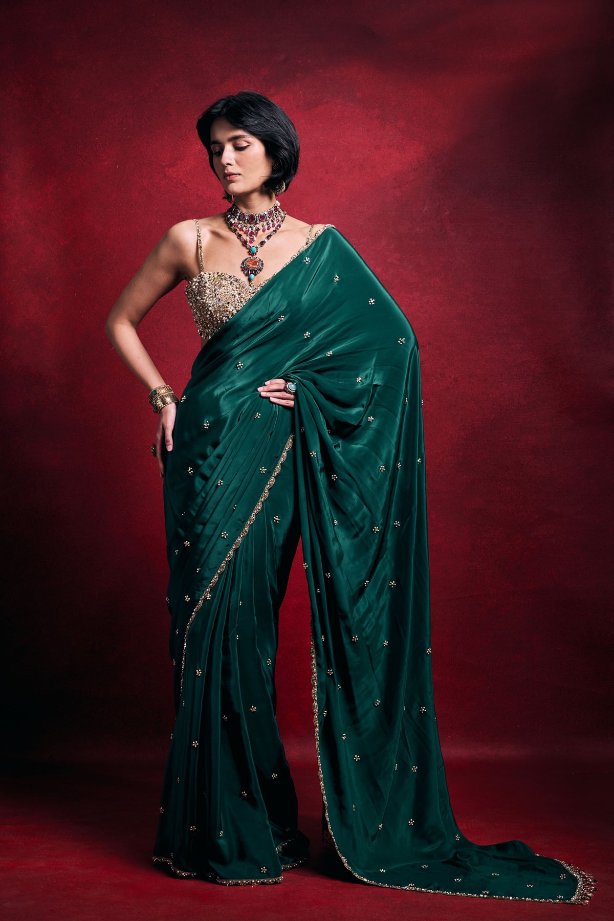 Emerald Green Crepe Saree Set