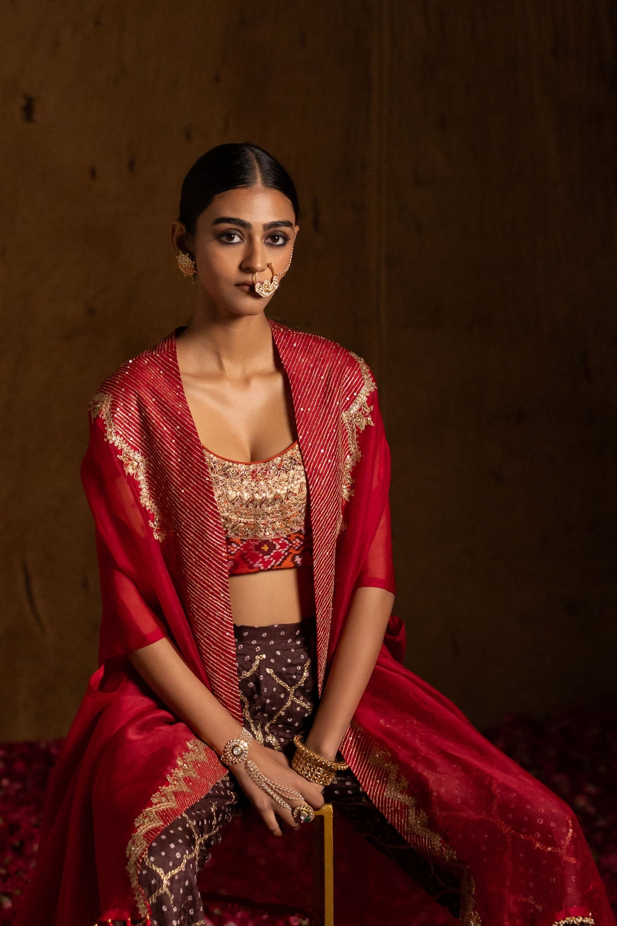 Rust Patola Bandhani Cape Set