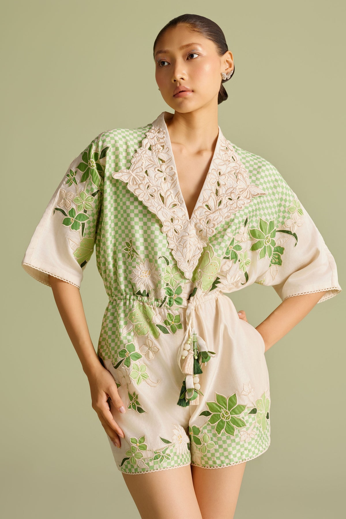 Ivory And Mint Checkered Playsuit