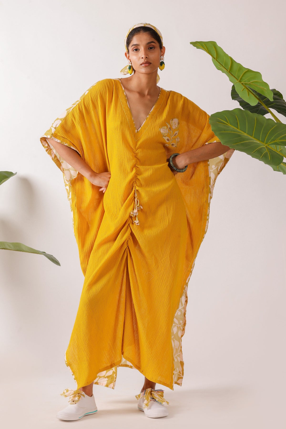 Olive Pomegranate Print Ruching Kaftan