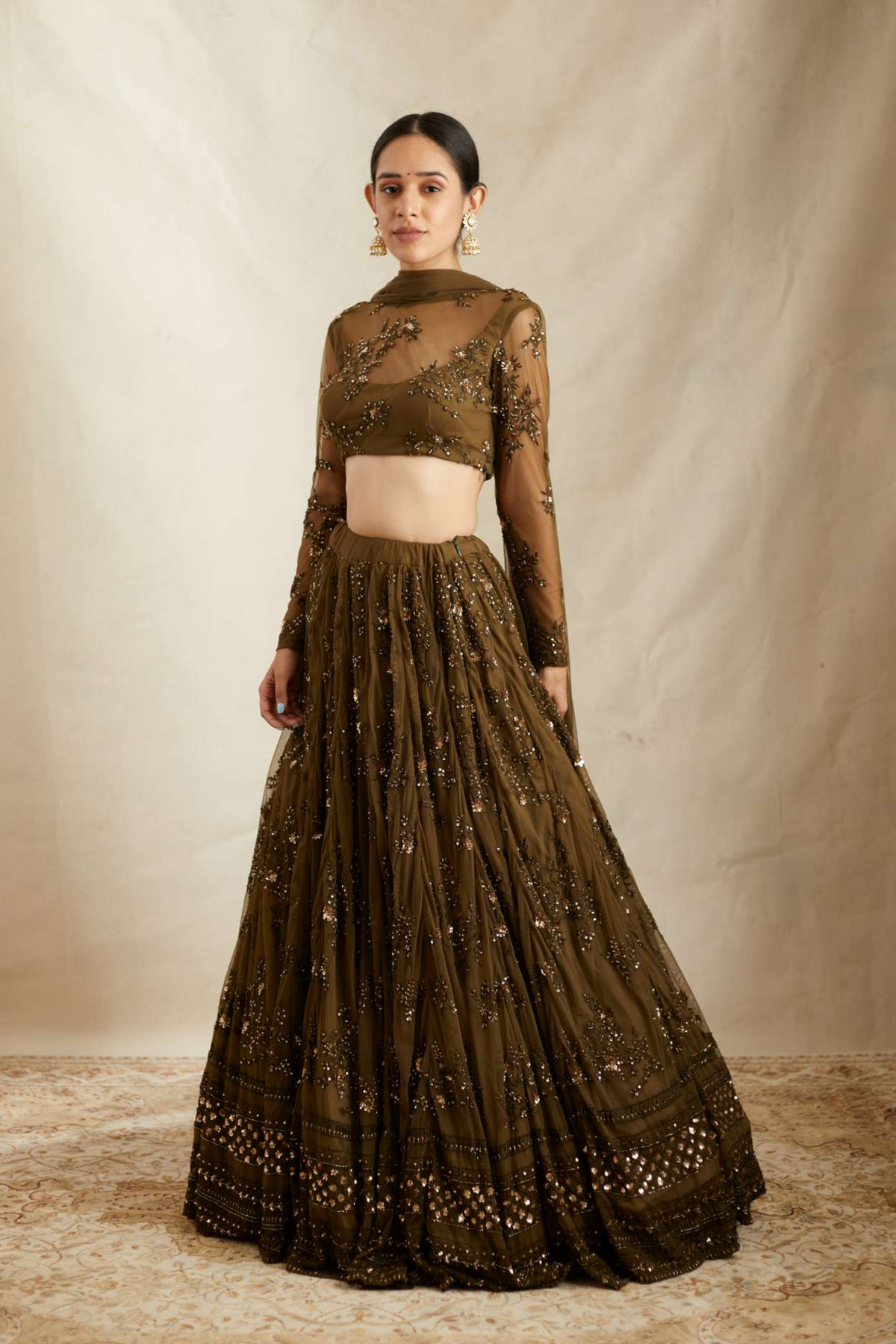 Green Thread Work Lehenga Set