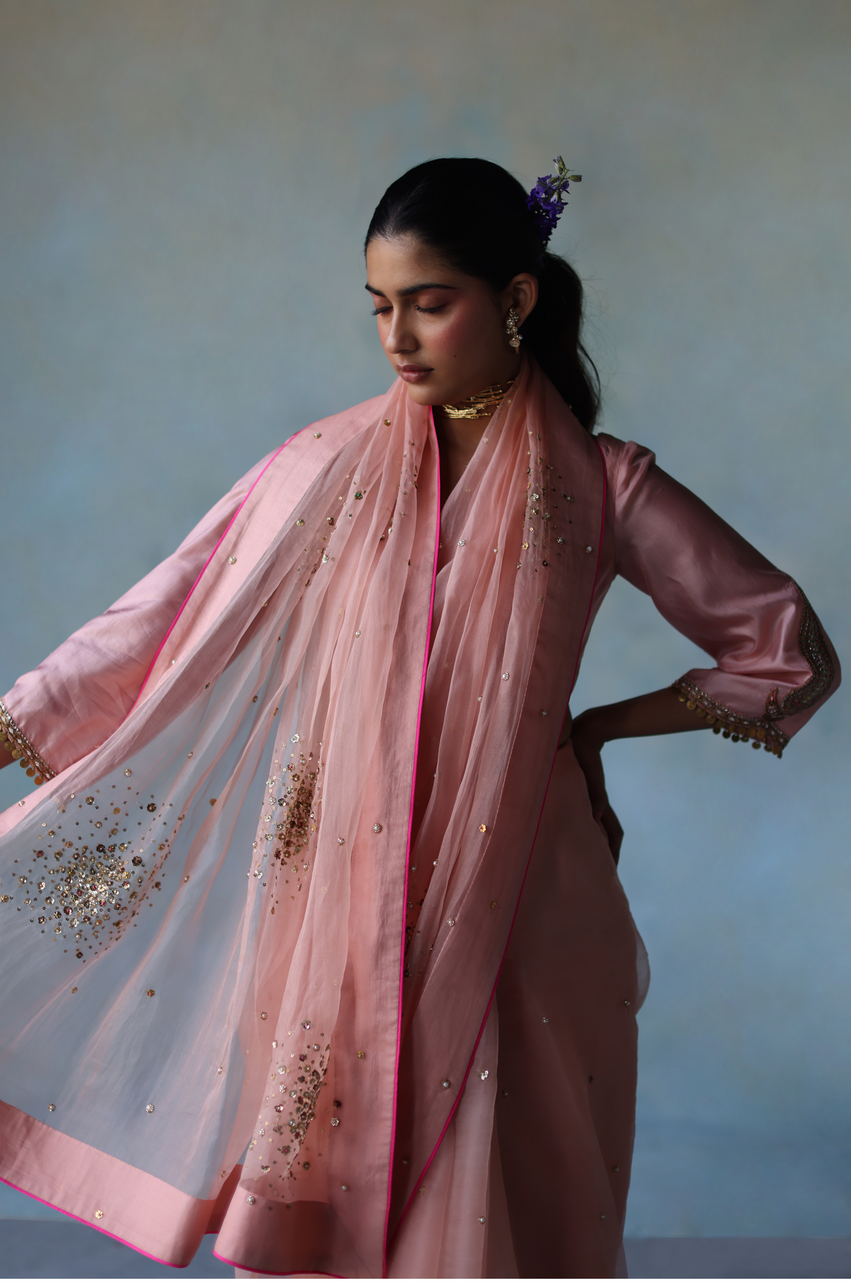 Gul Hot Pink Sequin Flower Sari