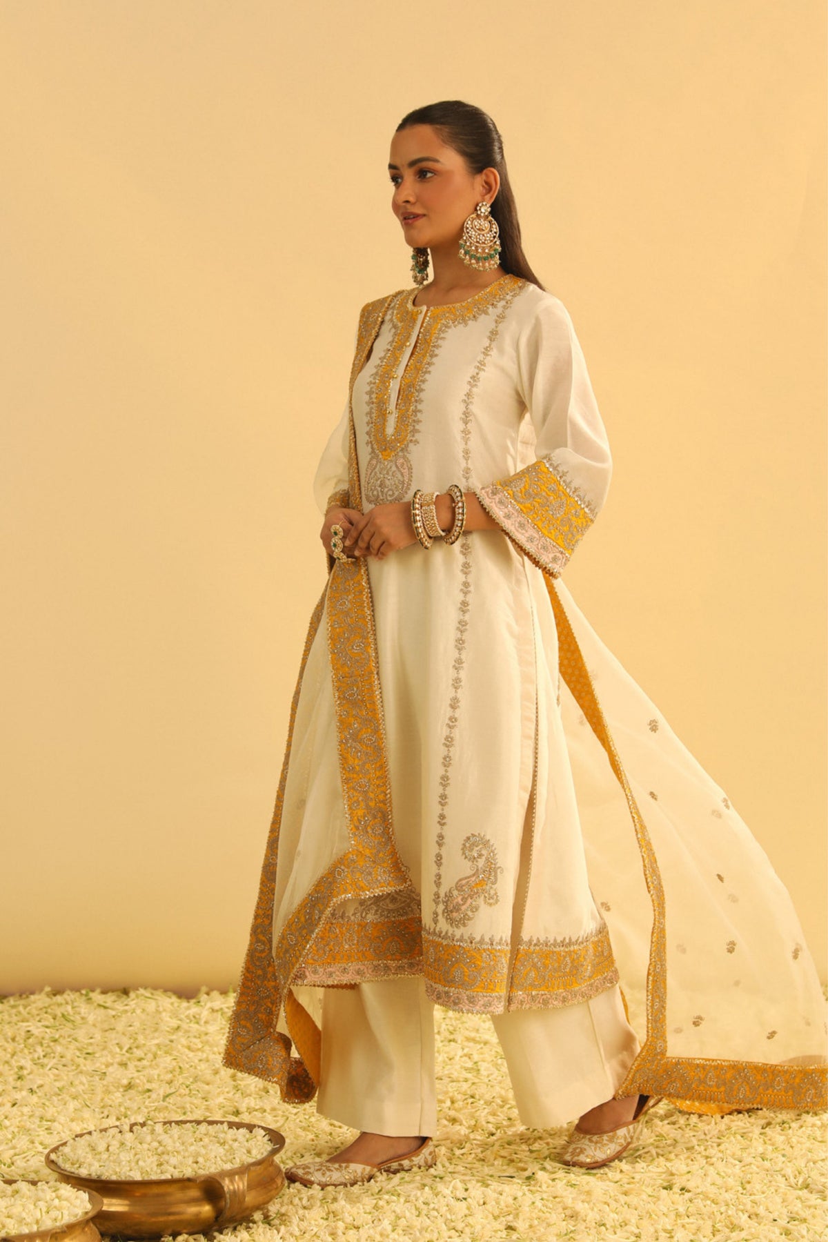 Asmira Ivory Long Kurta With Palazzo &amp; Dupatta