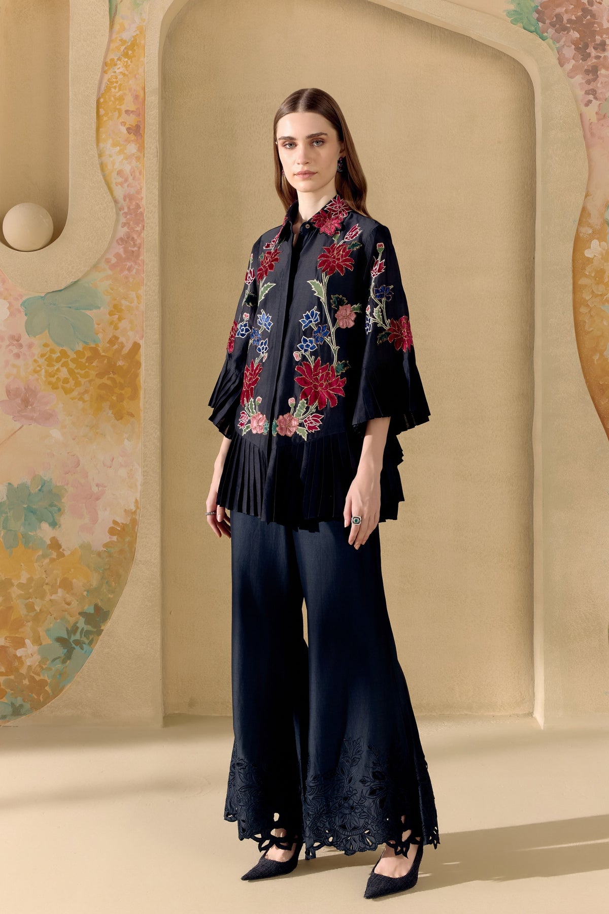 Black Botanica Pleated Shirt