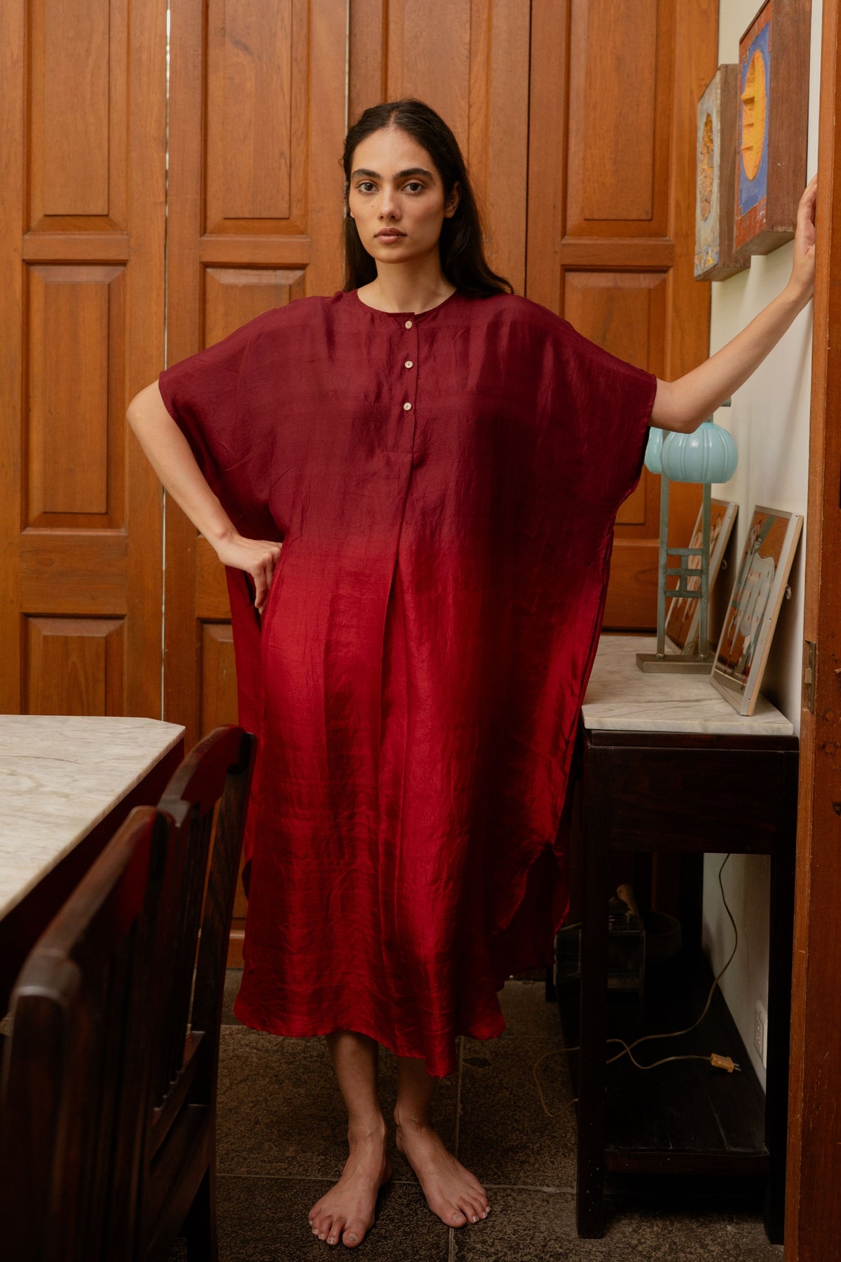 Red Ombre Pleated Kaftan