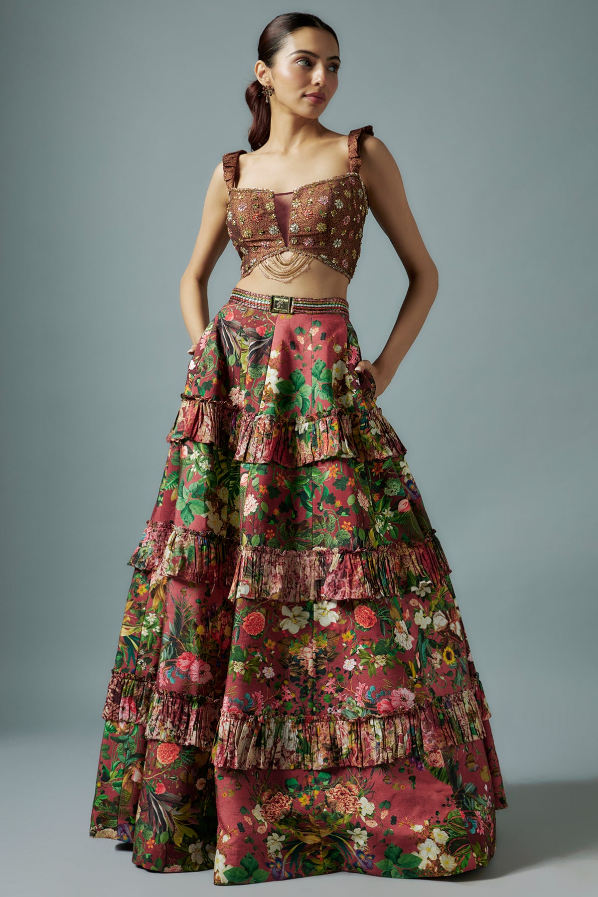 Maroon Botanical Printed Lehenga Set