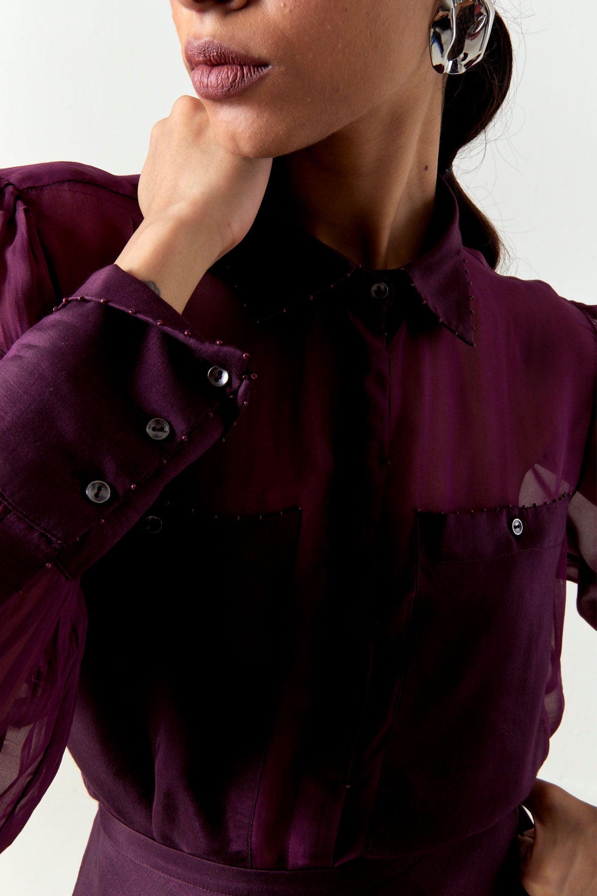 Beaded Collar Sheer Shirt Set