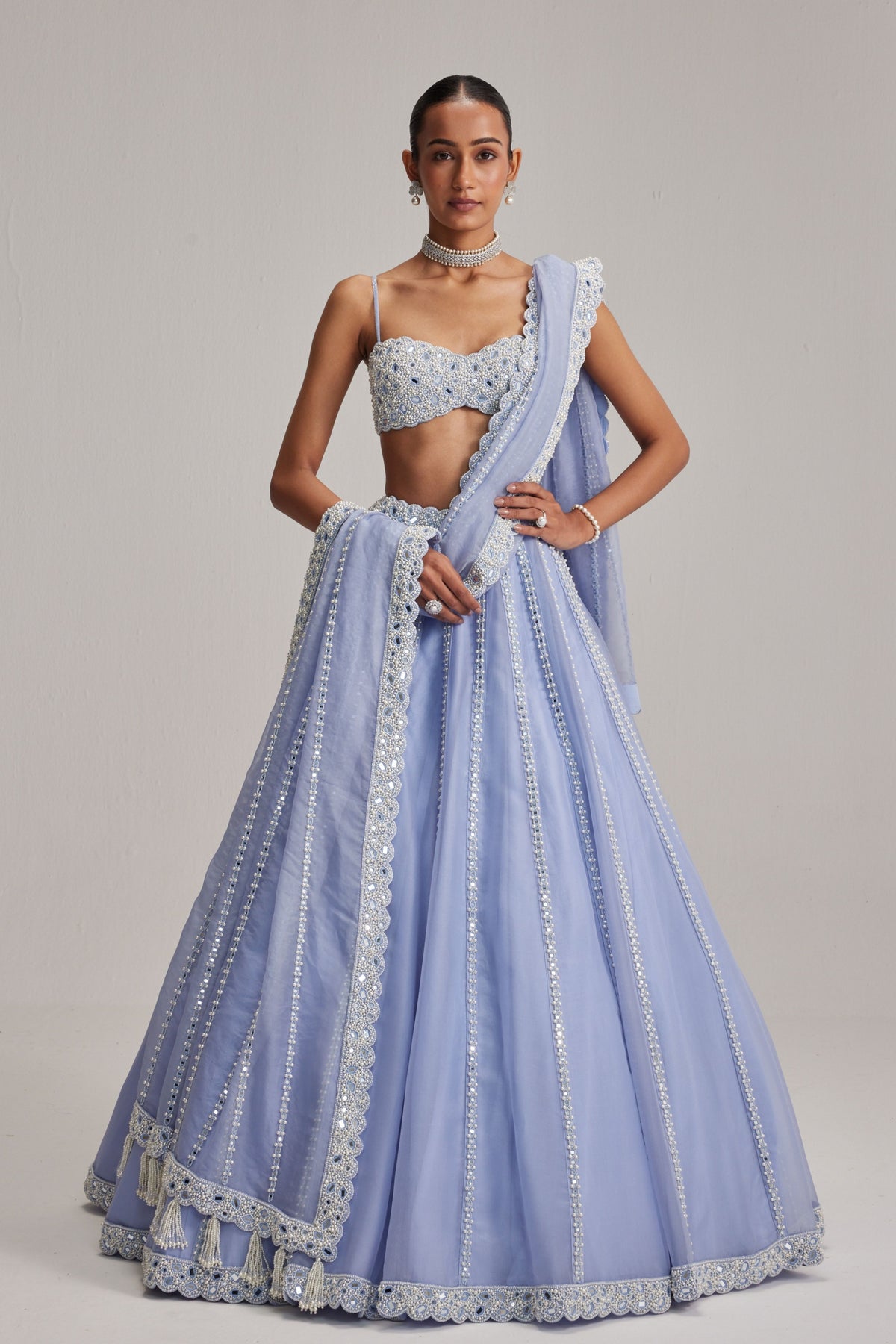 Dew Blue Mirror Organza Lehenga Set