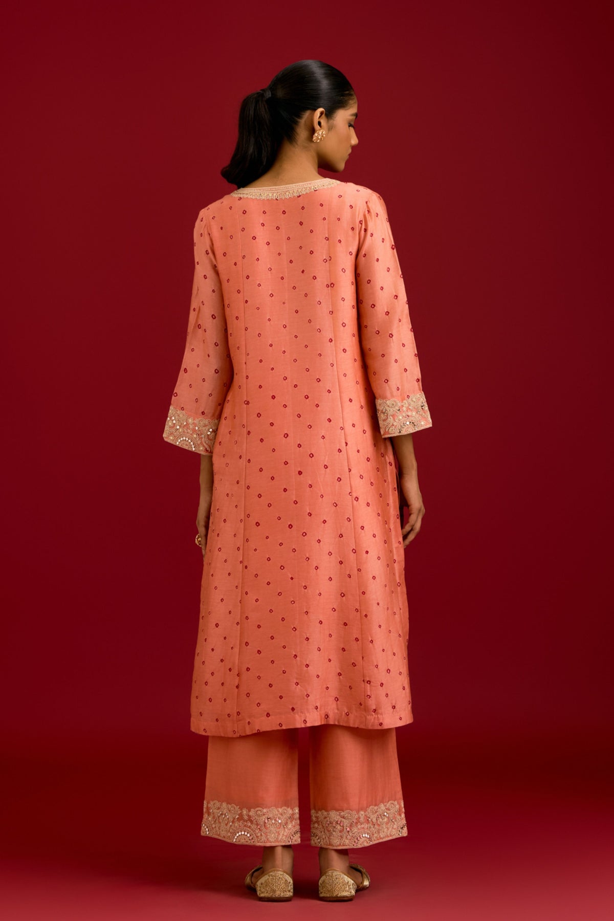 Peach Bhandhej Kurta Set