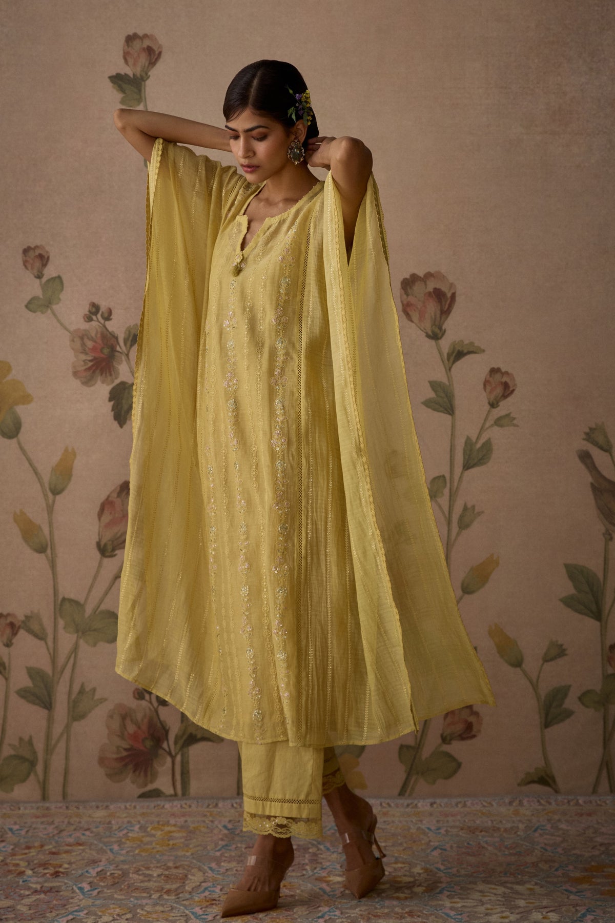 Lemon Yellow Embroidered Kaftan Set