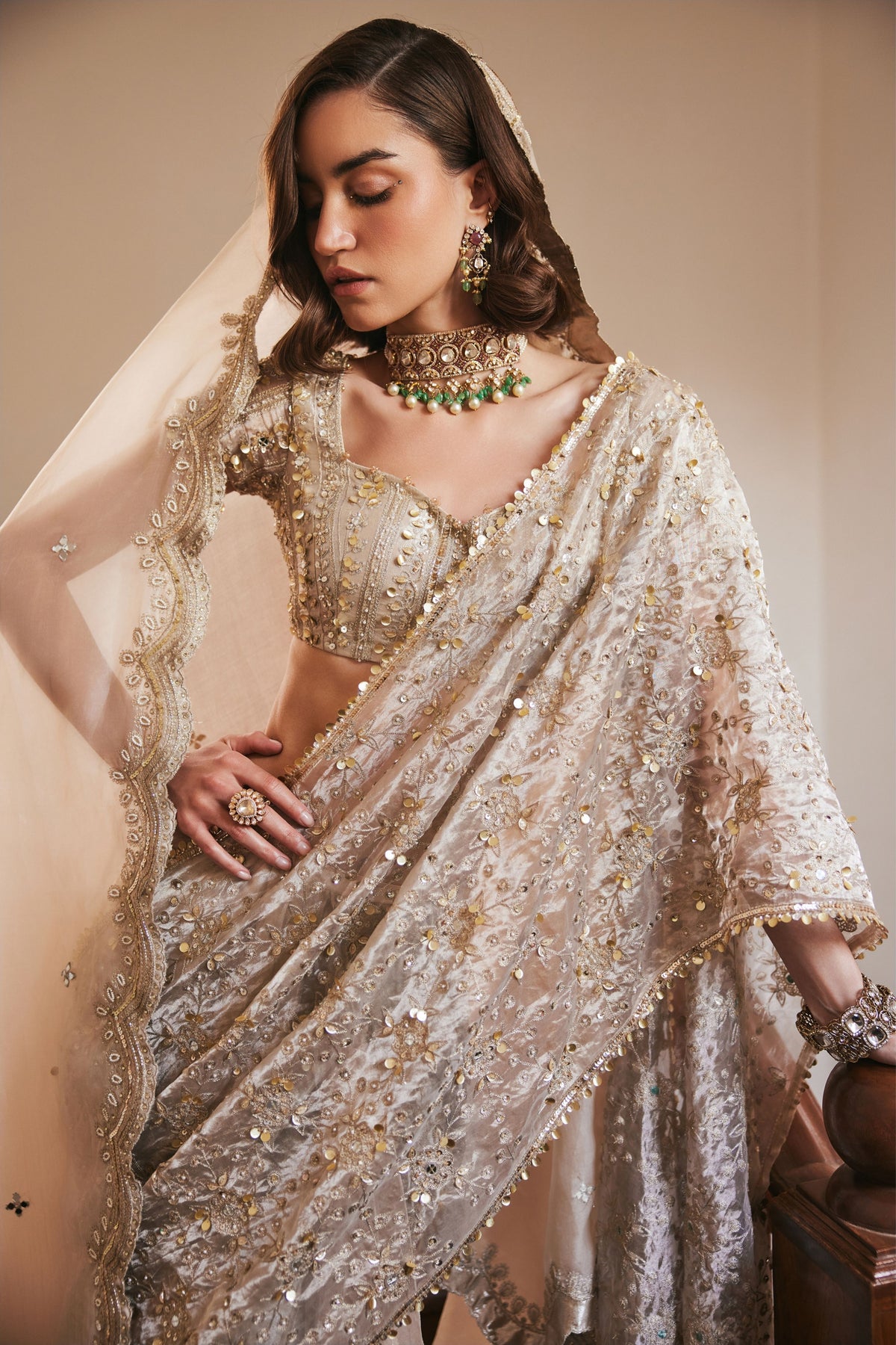Tissue Pre Drape Saree With Veil