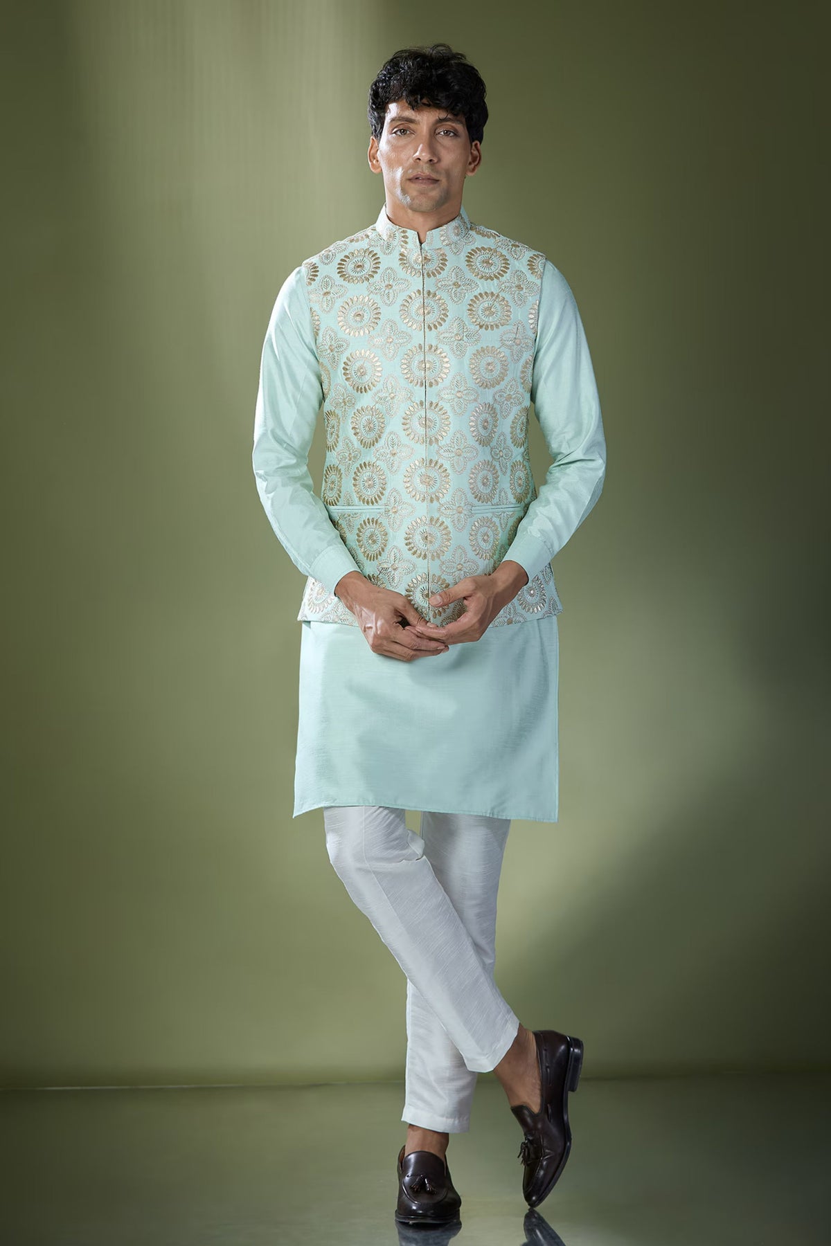 Sea Green Embroidered Nehru Jacket Set