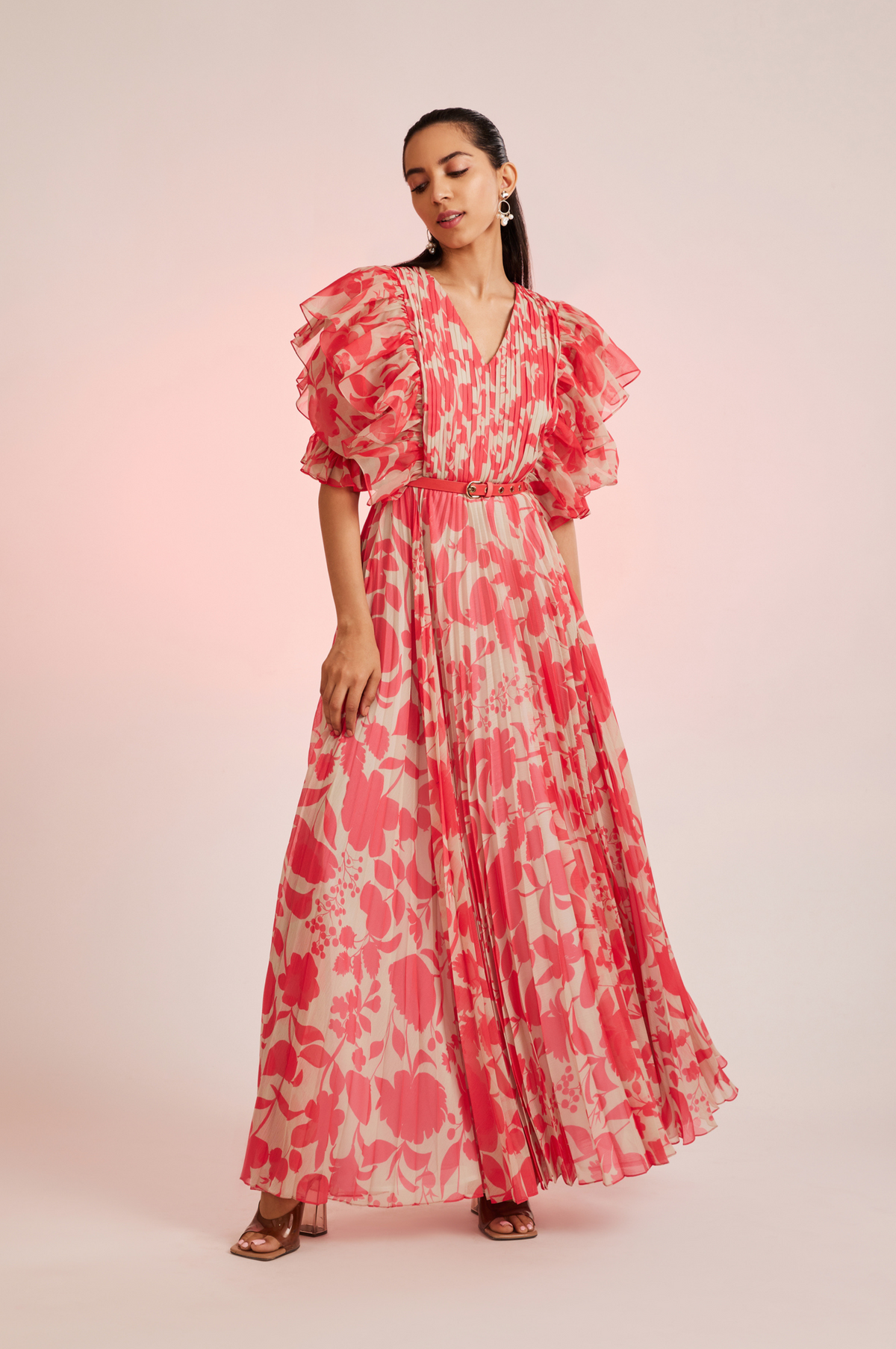 Coralie Pleated Maxi Dress With Ruffle Sleeves
