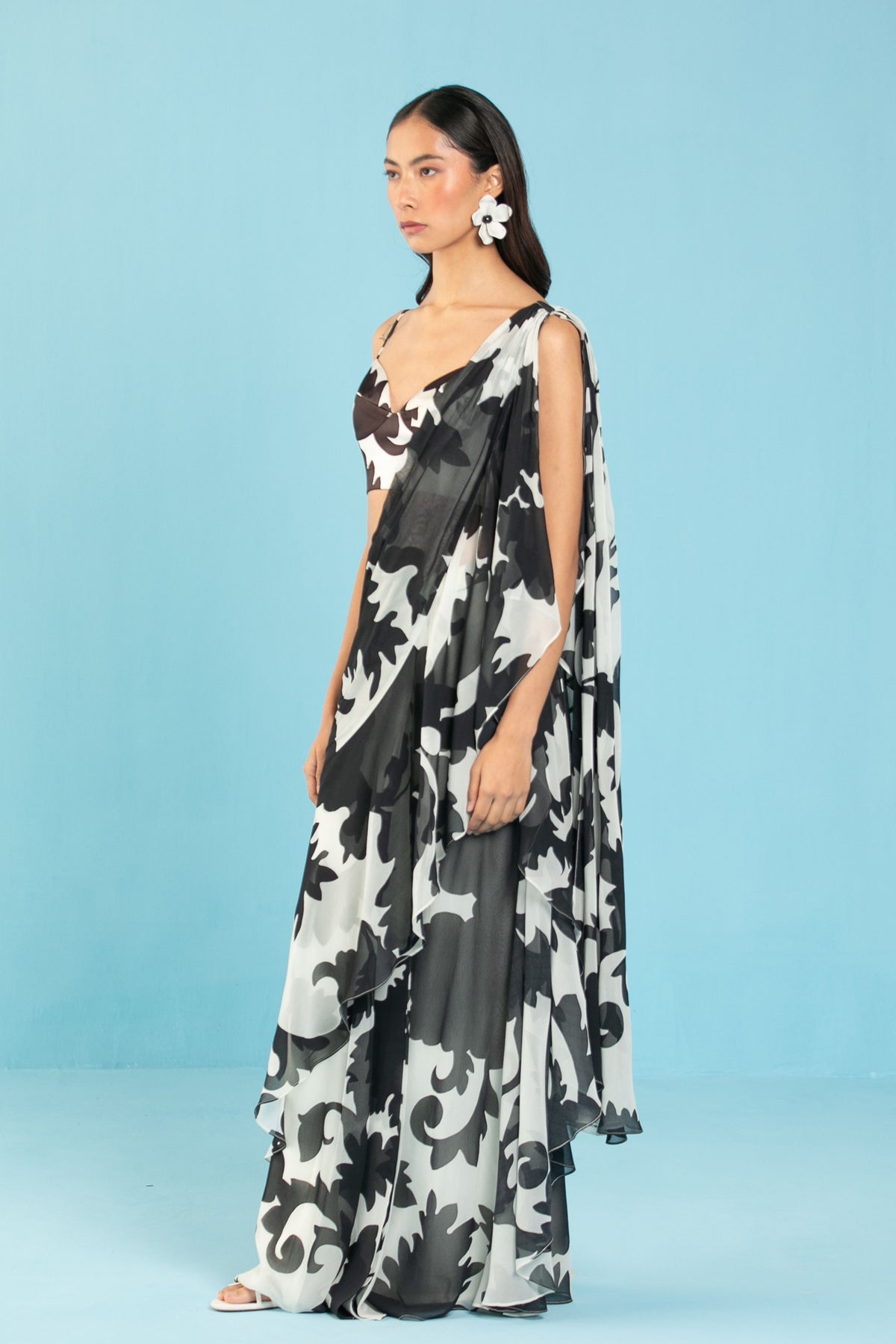 Black Pre Draped Saree Set