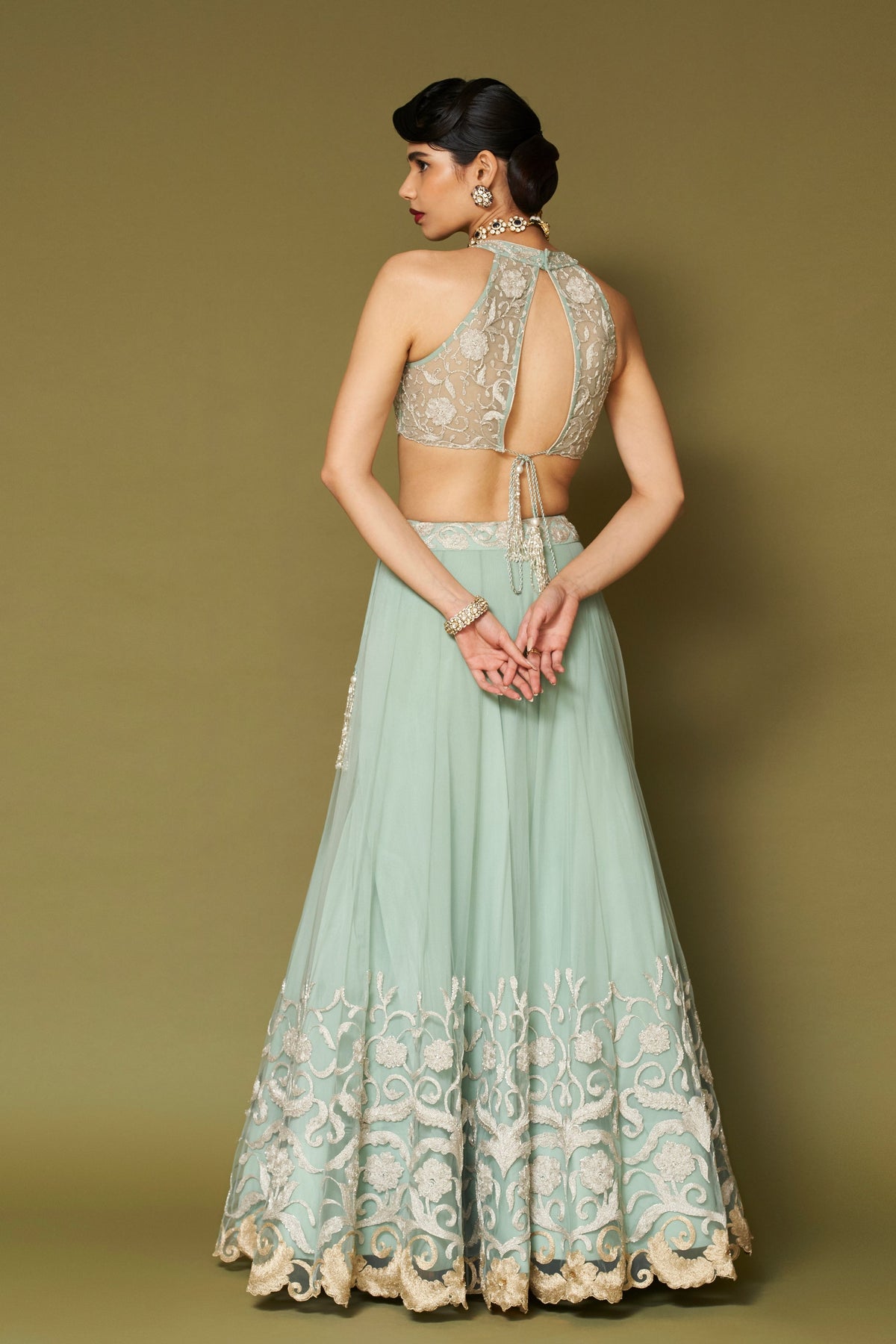 Aqua Embroidered Net Lehenga Set