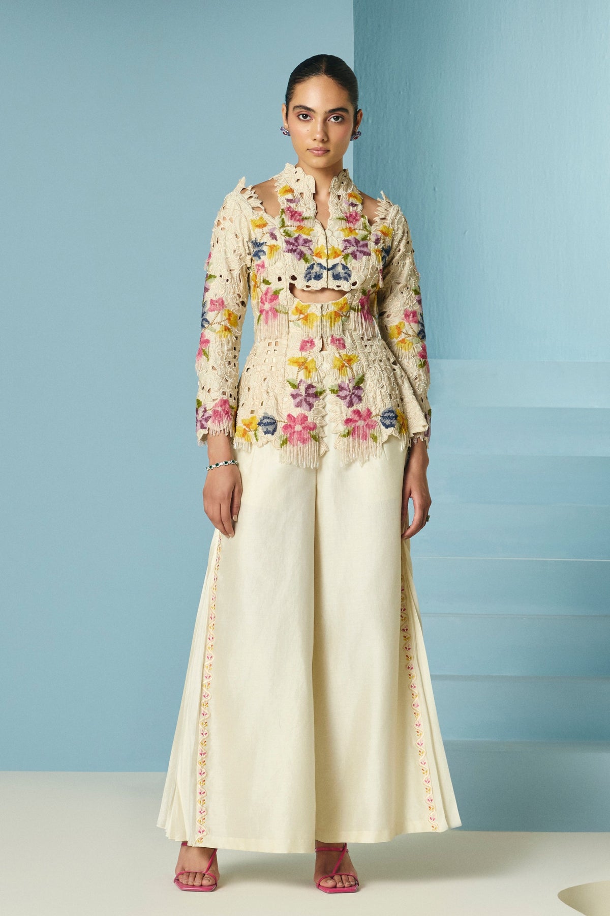 Ivory Embroidered Pleated Pants