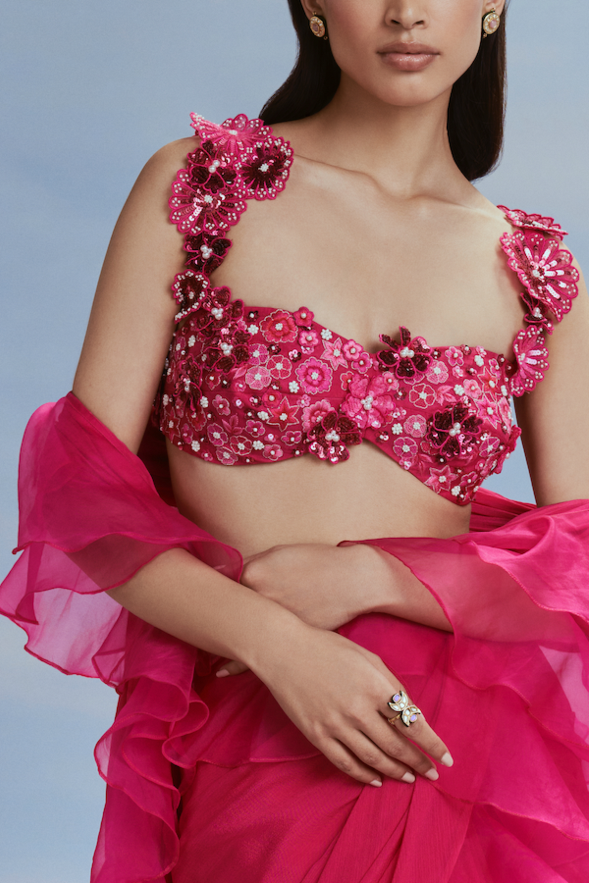 Pink Scallop Edged Ruffle Saree Set