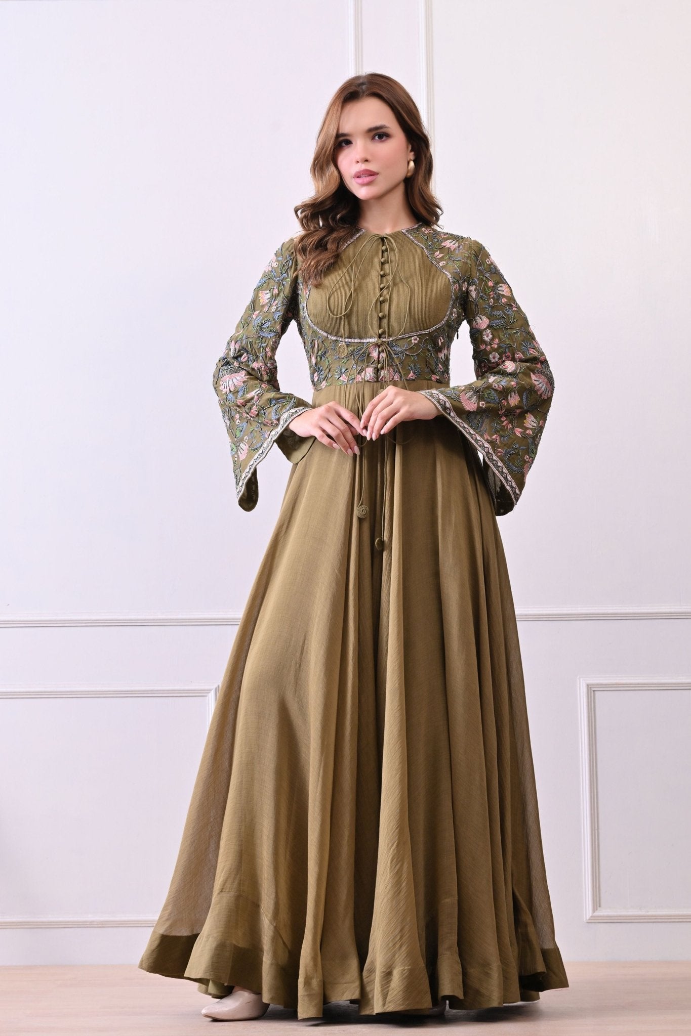 Olive Trumpet Sleeves Embroidered Anarkali - Samant Chauhan - Elahe