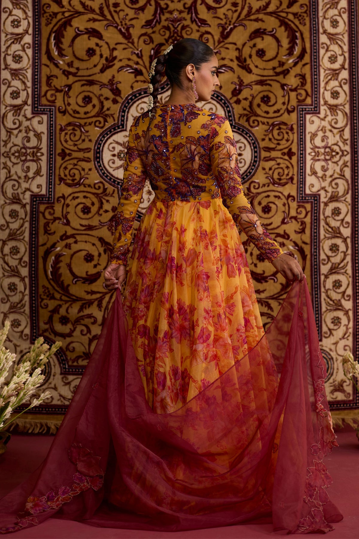 Yellow Floral Organza Anarkali Set