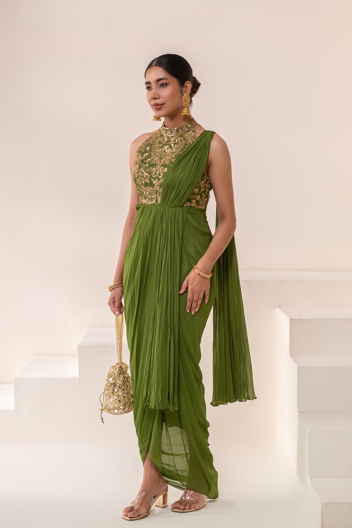 Olive Green  Embellished  Drape Saree