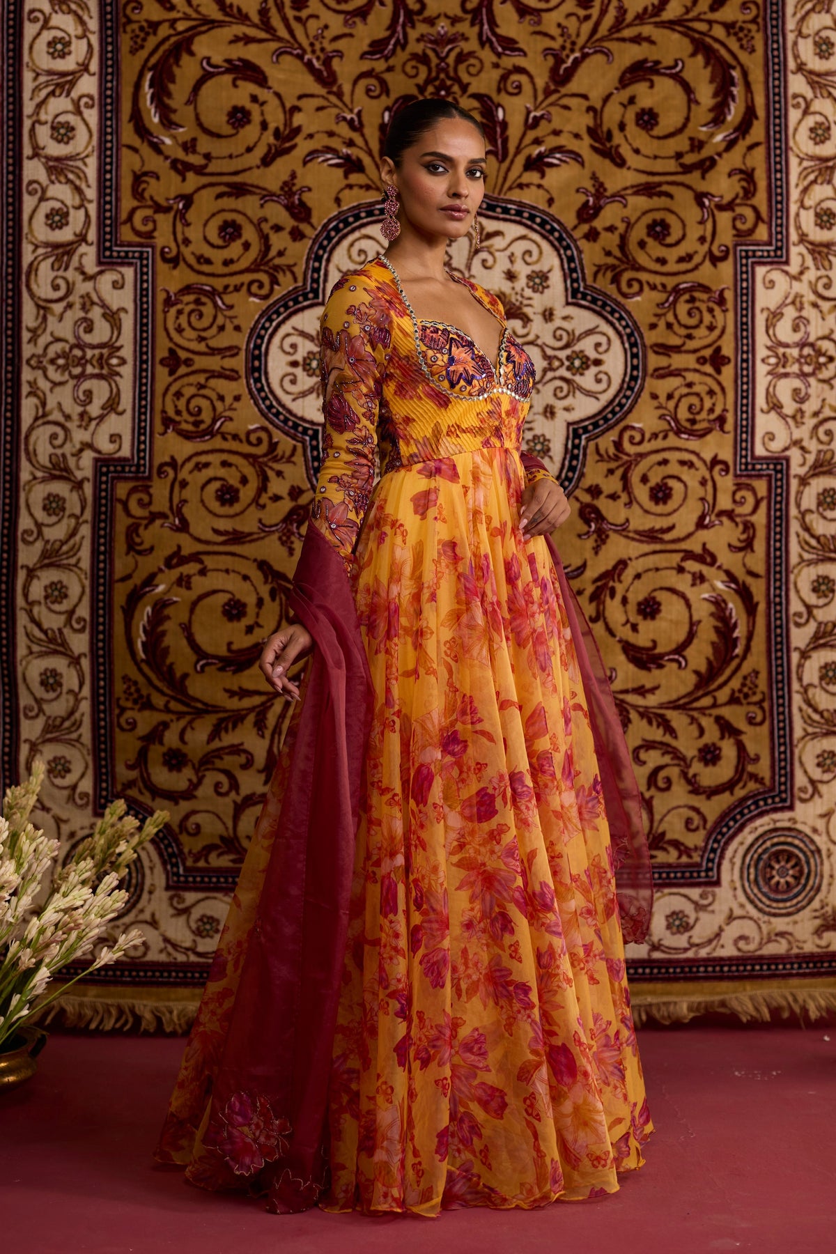 Yellow Floral Organza Anarkali Set
