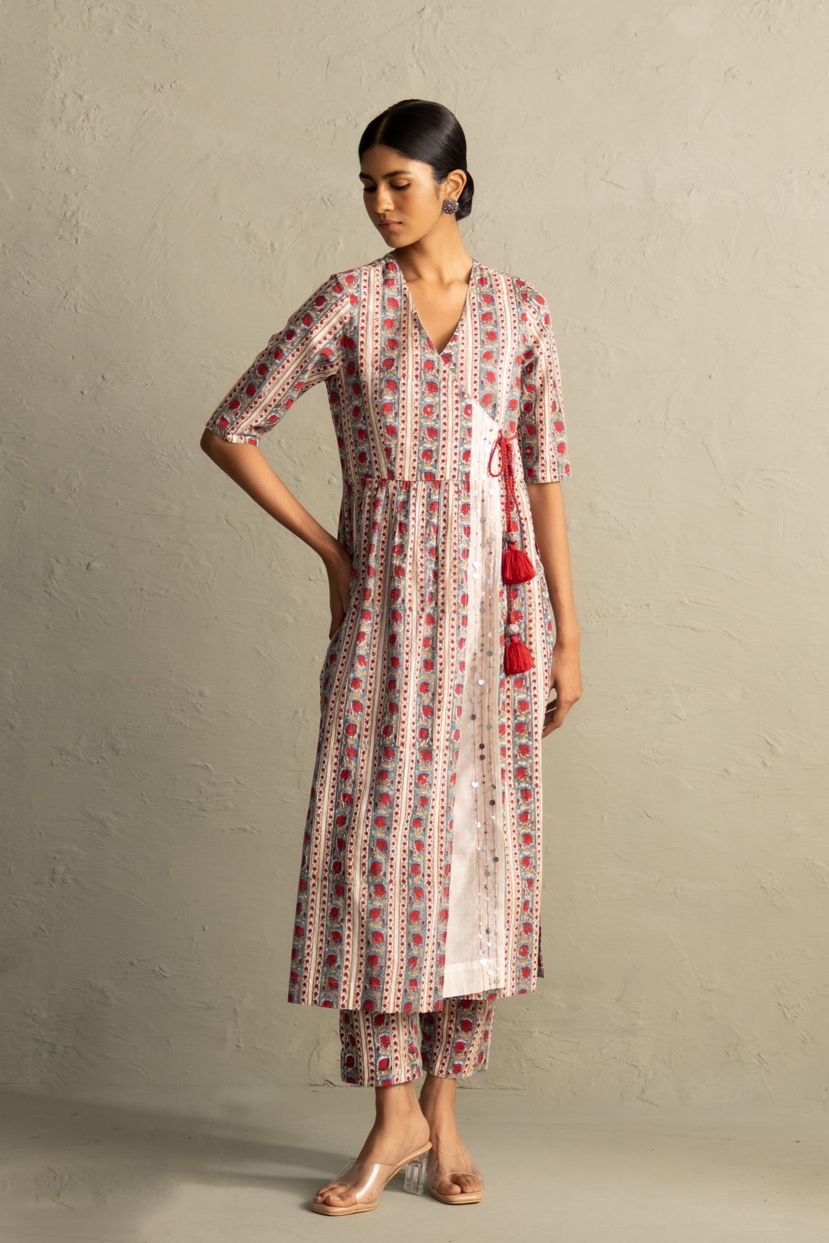 Cream Angrakha Straight Kurta Set