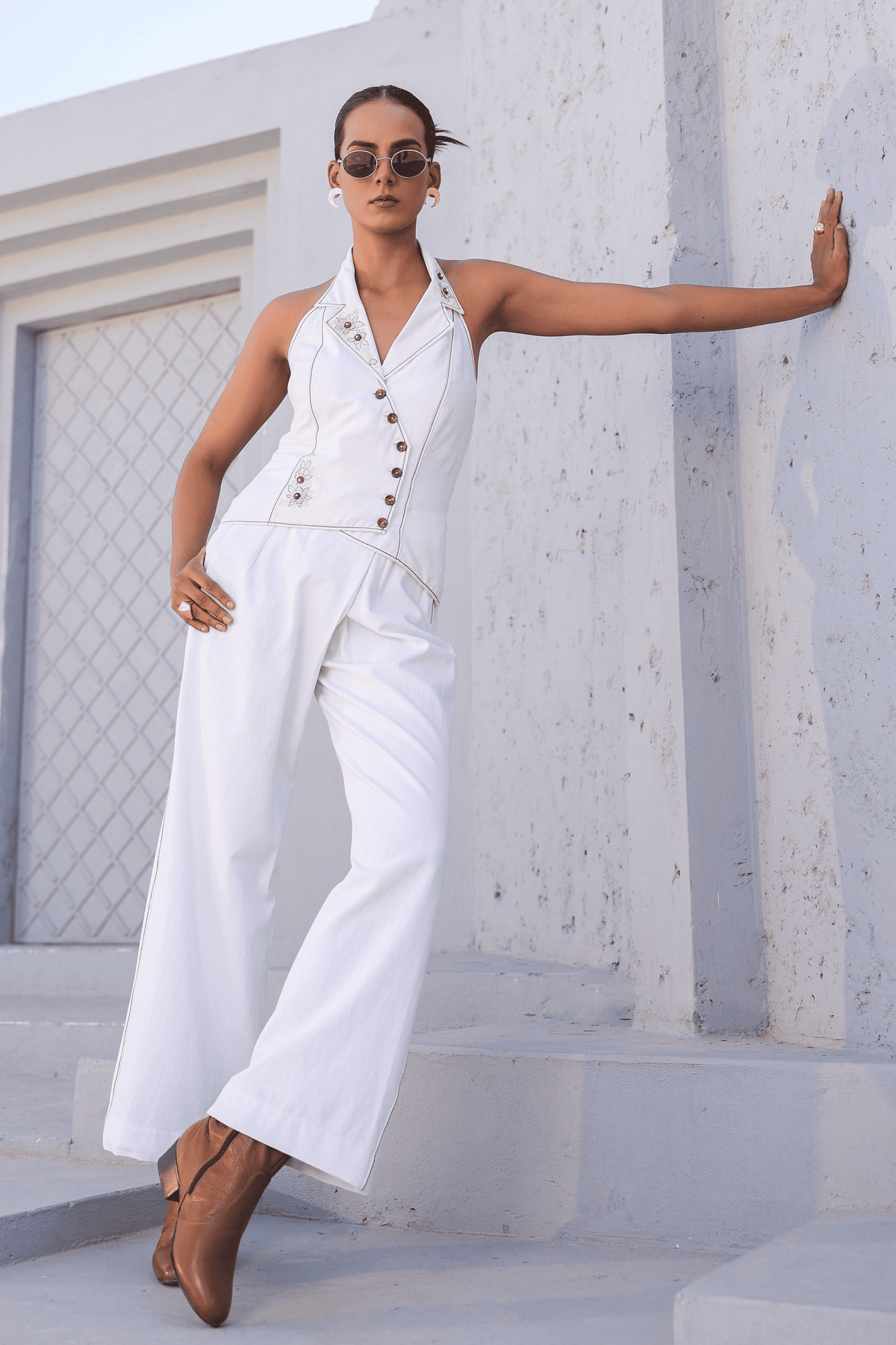 Azure Halter Neck Co-ord Set in White