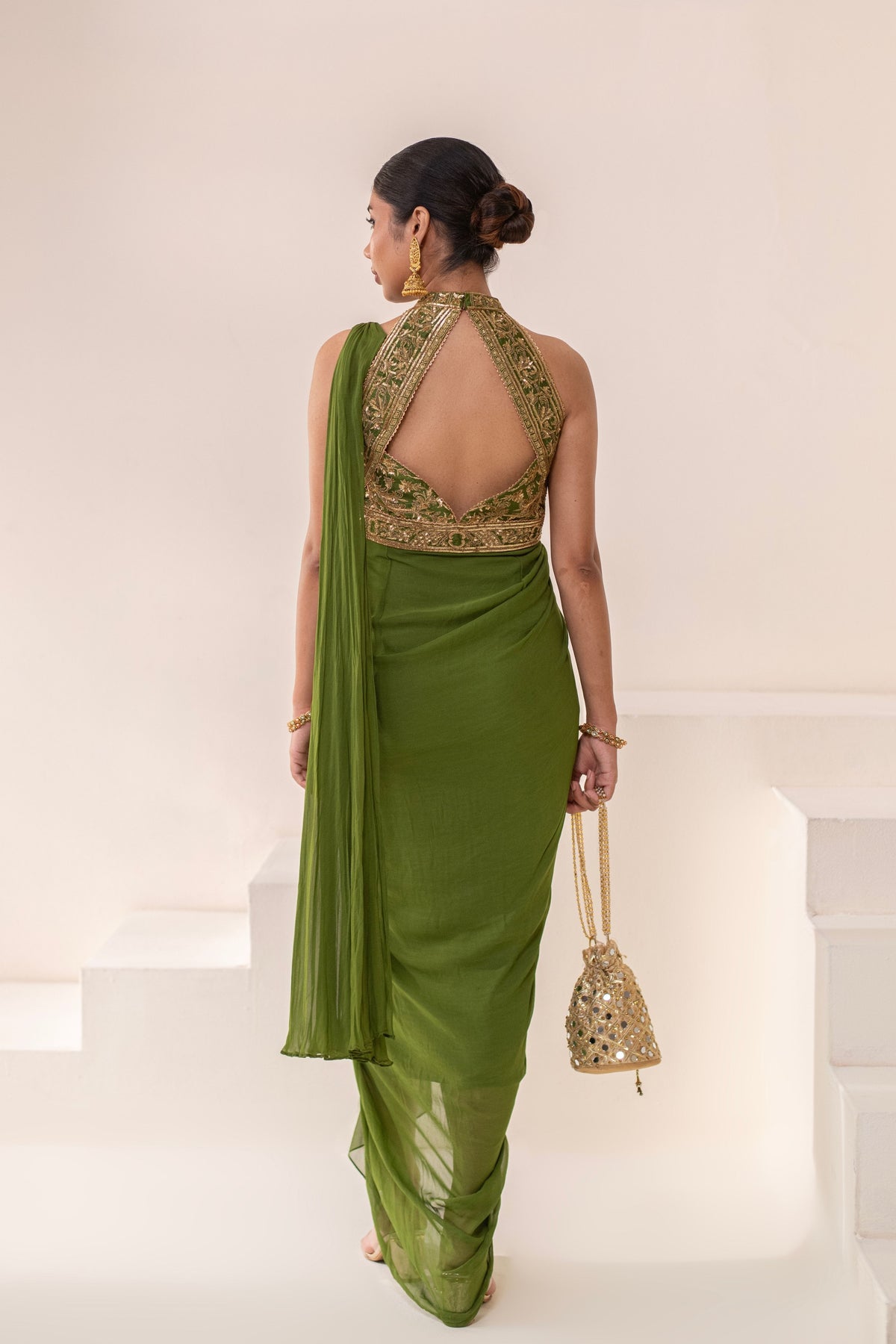 Olive Green  Embellished  Drape Saree